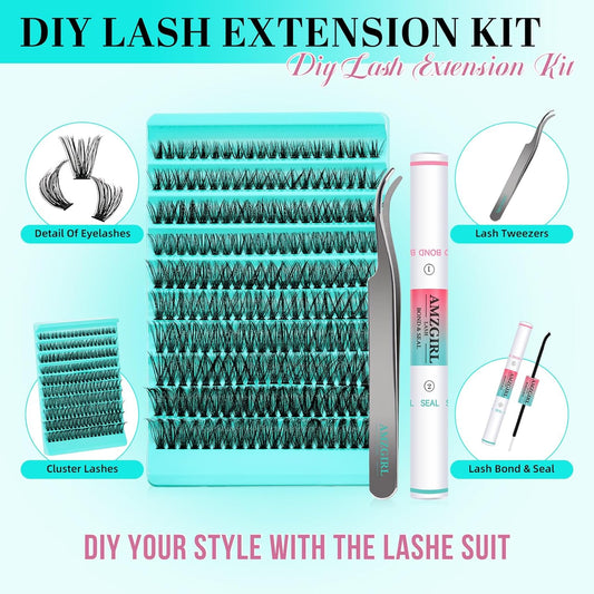 Lash Clusters Kit 200PCS 50D Eyelash Extension Kit D Curl Wispy Eyelash Clusters DIY Natural Individual Lashes Kits Lashes Extensions Kit with Lash Bond and Remover Eyelash Tweezer at Home(White Bond)