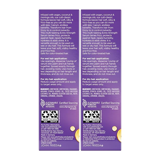 John Frieda Frizz Ease Extra Strength Hair Serum, Instantly Smooths for Healthy, Hydrated, Frizz-Free Hair, for Thick and Coarse Hair, with Argan + Coconut Oil for Heat Protection, 1.69 Oz, Pack of 2