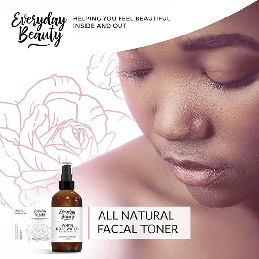 White Rose Water Facial Toner - Alcohol-Free Vegan All Natural Refreshing Spray Mist for Face and Hair - Uplifts, Calming & Soothing for All Skin Types 4oz with Fine Mist Cap
