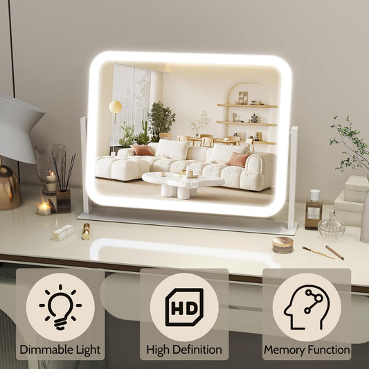 Lighted Makeup Mirror, 17"x13" Vanity Mirror with Lights and 10X Magnification, 3 Color Lighting Modes, Smart Touch Control, 360° Rotation for Bedroom or Tabletop (White)