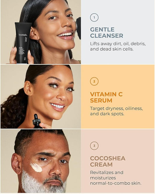 Buttah Skin Transforming Kit for Melanin Rich Skin | CocoShea Revitalizing Cream 2 oz | Vitamin C Serum 1 oz | Buttah Cleanser 3.4 oz | Black Owned Skincare