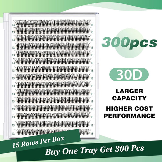 Lash Clusters 300pcs Individual Lashes 30D 0.07D Curl 13mm DIY Eyelash Extension KEYYOU Large Tray Volume Soft&Natural Cluster Lashes(30D-0.07D,13)