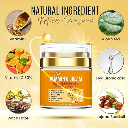 Vitamin C Moisturizing Cream - Organic Glowing Skin Anti-Aging, Rejuvenating, Boosting Collagen Hydrating for Dull, Dry & Sensitive & Oily Skin - 1.7 FL OZ.