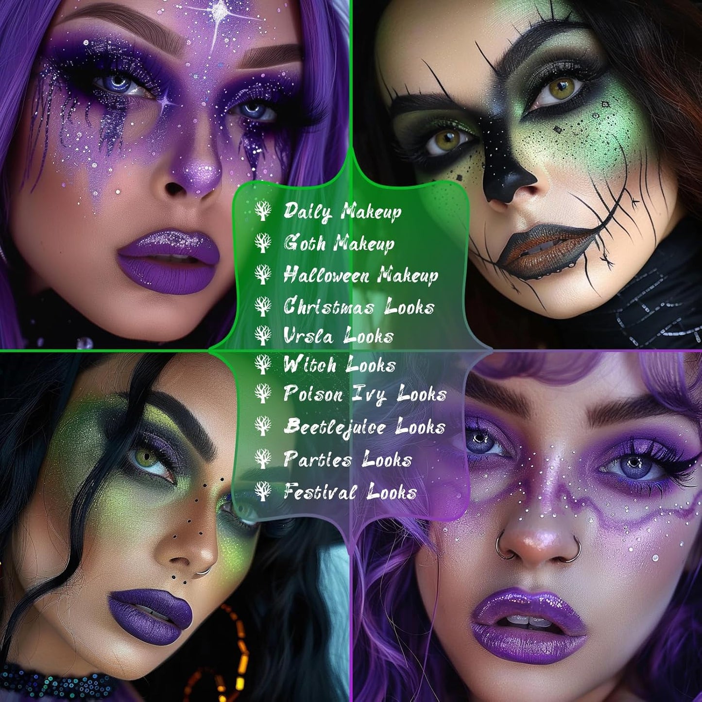 UCANBE 2pcs Eyeshadow Palette Makeup Set, Green Purple Color Shimmer Matte Metallic Eye Shadow Pallet with Soft Brush Eye Make Up Kit for Halloween Cosplay Costume Beetlejuice Medusa Poison Ivy Ursula