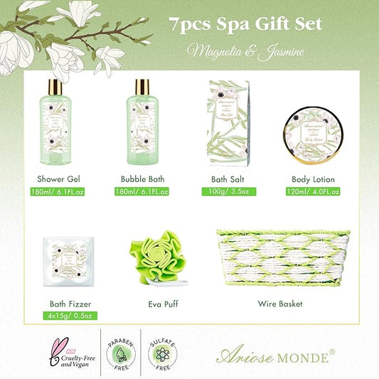 Spa Gifts for Women, Bath Sets, 7Pcs Spa Gift Set w/Shower Gel, Bubble Bath, Bath Salts, Bath Bomb, Body Lotion, Christmas Gifts for Women, Magnolia & Jasmine Bath Set