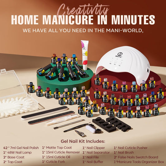 MEFA Gel Nail Polish Kit with U V Light, 42 Colors Fall Winter 60 Pcs Gel Nail Starter Kit with Base Matte Glossy Top Coat, Nail Art Accessories, Nail Tool Box, Cuticle Remover Care Mnicure DIY Salon