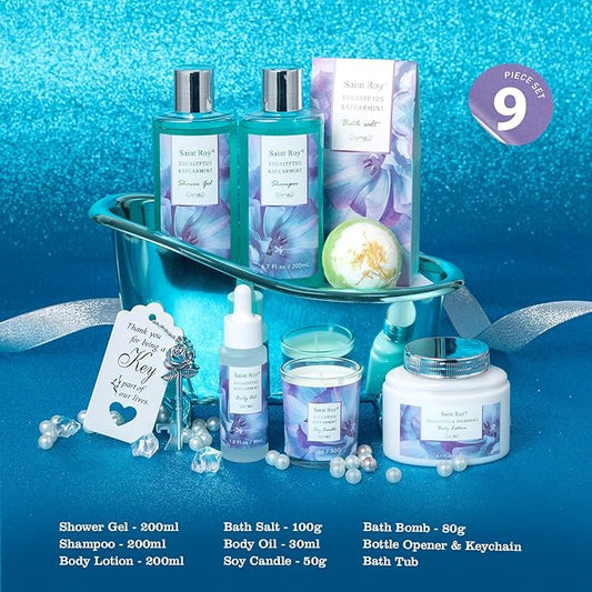 Mother's Day Gifts for Mom 9Pcs Luxury Spa Gift Basket for Women, Unique Spa Gift Basket Set Gifts for Women , Men, EUCALYPTUS Home Spa Kit Bath and Body Gifts Set, Luxury Gift Basket for Birthday