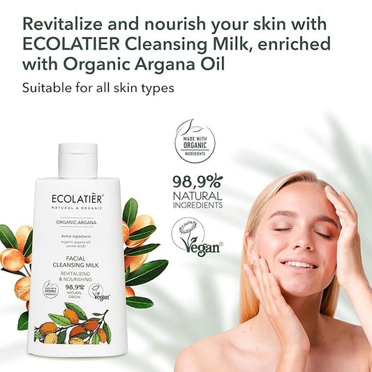 Facial Cleansing Milk, Tonic & Night Cream Bundle - Organic Argana Oil, Revitalizing, Nourishing, Anti-Aging, Hydrating, Vitamin E & C, Collagen Boost, Firming