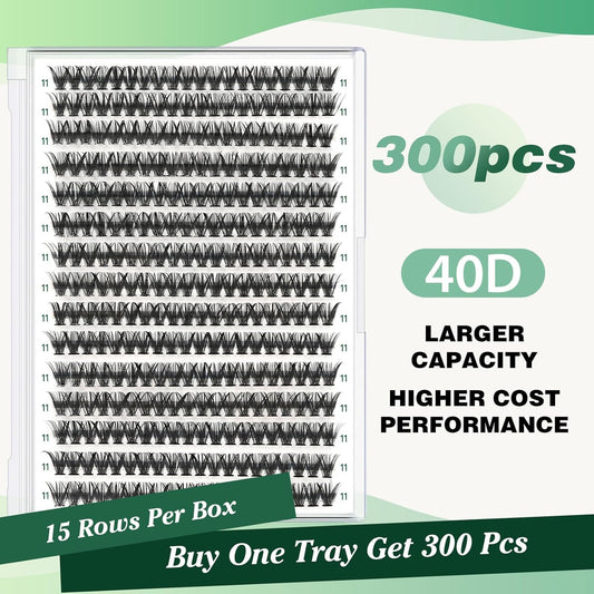 Lash Clusters 300pcs Individual Lashes 40D 0.07C Curl 11mm DIY Eyelash Extension KEYYOU Large Tray Volume Soft&Natural Cluster Lashes(40D-0.07C,11)