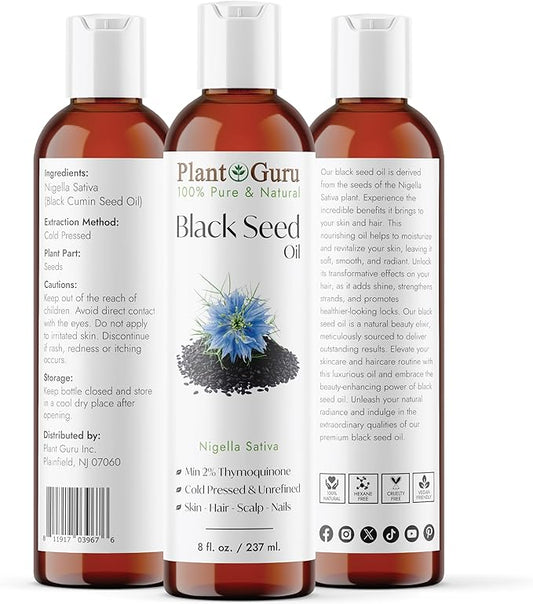 Black Cumin Seed Oil 8 fl. oz. Unrefined Cold Pressed 100% Pure Natural Nigella Sativa Kalonji Oil for Skin Care, Hair Growth, Scalp and Massage.