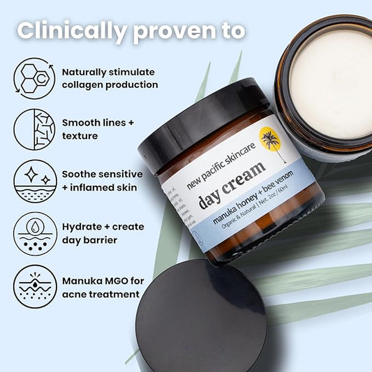 Save 5%: Organic Manuka Honey + Bee Venom Day and Night Cream Duo | Bee Venom Skin Treatment | Manuka Honey Skincare | 2oz/60ml