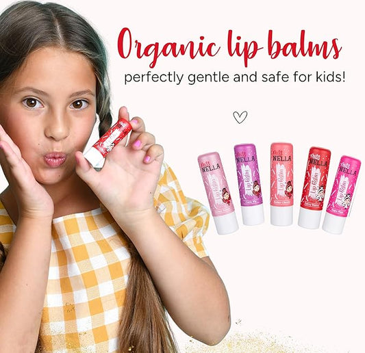 Miss Nella set of 5 Hypoallergenic children Lip Balms- HONEY BUNNY, SWEET CHEEKS & CUTIE PIE, Luvvu Wuvvy, Sugar Plum, Non Toxic Make Up for kids, perfect for those with sensitive skin.