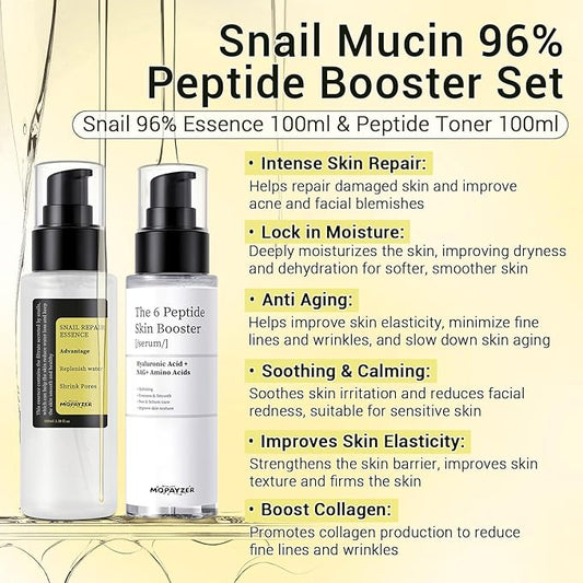 Snail Mucin 96% Peptide Booster Set, Snail Mucin Skin Booster Collagen Serum for Women Repairs Fine Lines & Wrinkles, Advanced Snail 96 Mucin Power Essence, Skin Care Gift Set for Hydrating & Soothing