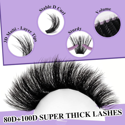 B&Qaugen Lash Clusters Kit 216PCS Lash Extension Kit 3D Eyelash Extension Kit 80D+100D 10-18 Mixed Wispy DIY Lash Extension Kit Voluem Thick Waterproof Lash Clusters Kit(80D+100D-D-10-18MIX)
