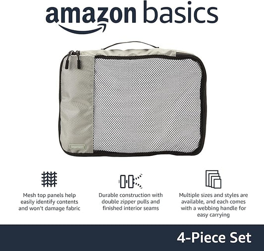 Amazon Basics 4 Piece Packing Cubes with Double Zipper and Mesh Top, Travel Organizer Set, Medium, Gray