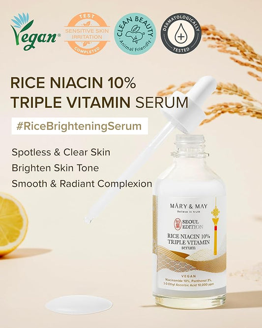 Mary&May SEOUL EDITION Rice Niacin 10% Triple Vitamin Serum - Korean Radiance Serum for Even Skin Tone and Healthy Glow - Niacinamide, and Vitamins - Fragrance-Free, Cruelty-Free, 2.7 fl.oz.