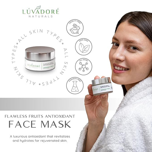 Flawless Fruits Antioxidant Mask – Lavender and Peach Face Masks Skincare Enriched with Red Wine, Green Tea Extracts – Revitalizing CoQ10 Hydrating Face Mask Improves Elasticity