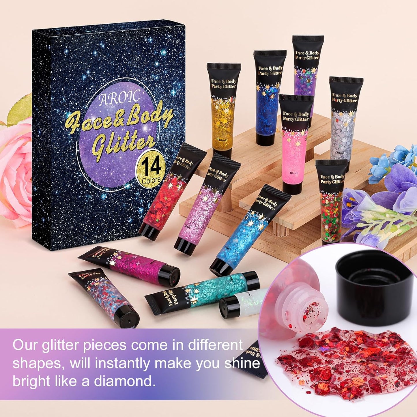 AROIC 14 Colors Body Glitter, Face & Hair Glitter Gel Set for Festival, Eye Shimmer for Women Glow in The Dark Rave Accessories Party Supplies, Face Paint Hair/Cheek/Eyelid Sparkle Makeup(18ml/Tube)