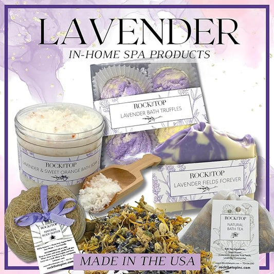 USA Made | 6 Lavender Self Care Gifts for Women, Bath Bombs (Truffles), Plant Based Dry Brush Body Brush Loofah, Epsom Salt Bath Soak, Handmade Soap, Herbal Bath Tea, Self Care Gift Box.
