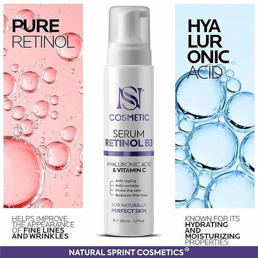 Anti-Aging Face Serum. Hyaluronic Acid, Vitamin C, Retinol, Vitamin B3 1,7 fl.oz (50ml) Firms the Skin and Reduces fine lines Wrinkles, deep and lasting hyper-hydratation