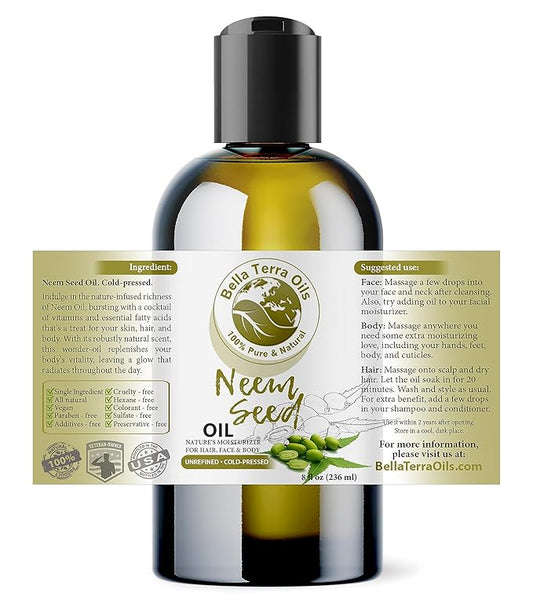 Bella Terra Oils - Organic Neem Seed Oil 8oz - Embrace Organic Neem's Richness, Packed with Azadirachtin & Nimbolide, Elevate Your Skin's Natural Glow