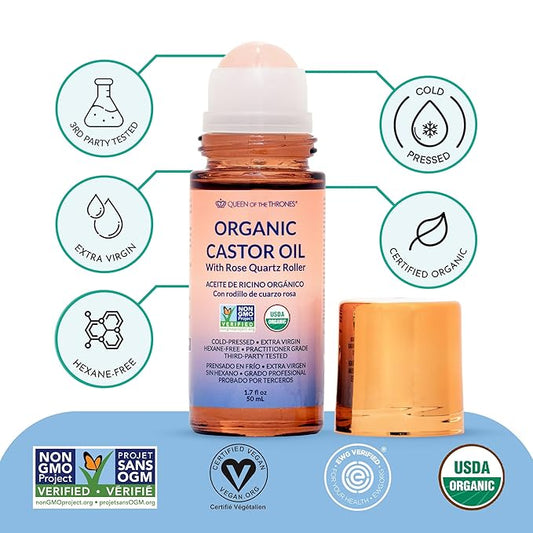 QUEEN OF THE THRONES® Organic Golden Castor Oil Roll-On with Rose Quartz | 100% Pure for Skin, Brows & Lashes and less mess Castor Oil Packs | Hexane-Free | USDA Certified | Cold-Pressed 1.7oz (50mL)
