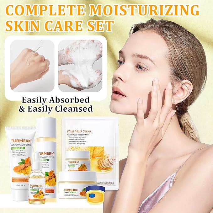 9 Pcs Turmeric Skin Care Set with Facial Cleanser,Toner,Face Serum,Face Cream,Eye Cream,Moisturizing Lip Balm,Hydrating Face Sheet Masks Skin Care Kit for Women and Men