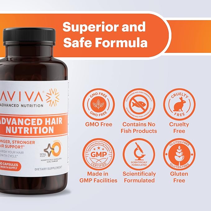 AVIVA - Advanced Hair Nutrition Hair Growth Vitamins, Hair Growth Supplement for Voluminous Tresses, Hair Vitamins with 5000mcg Biotin, 18 Essential Oils, Nutrients and Vitamins for Hair, 180 Capsules
