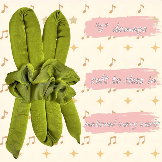 Serenade Textured Satin Heatless Curls Overnight, Heatless Hair Curler Curling Set for Women and Girls to Sleep in, with 2 Satin Scrunchies and 1 Clip for Overnight Curls, Green