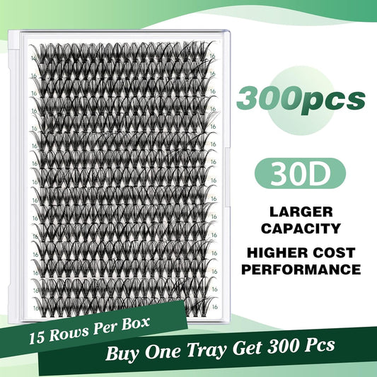 Lash Clusters 300pcs Individual Lashes 30D 0.07D Curl 16mm DIY Eyelash Extension KEYYOU Large Tray Volume Soft&Natural Cluster Lashes(30D-0.07D,16)