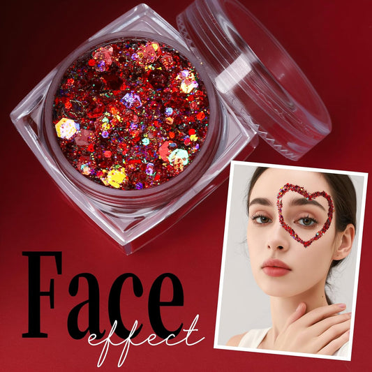 Teenitor Face Glitter, Red Body Glitter Gel, Hair Glitter, 6 Shapes Festival Rave Body Makeup Glitters Gel, Chunky Sparkling Glitter for Face, Body and Hair
