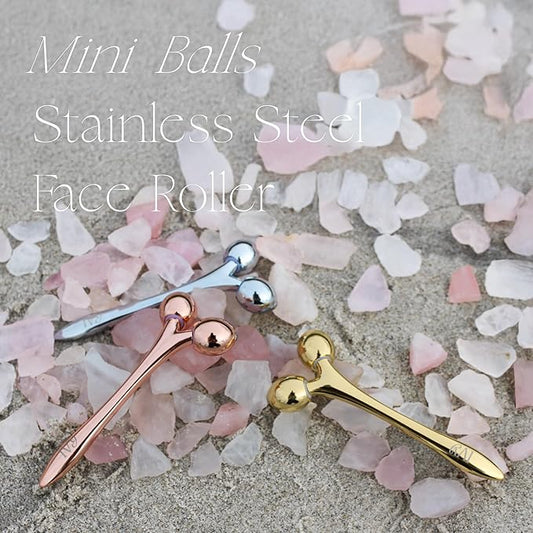 mwein Ivy 3D Face Massage Roller – Mini Lightweight Small Travel-Sized Y-Shaped Stainless Steel – Jade Roller, Ice Roller, Cellulite Roller – Face Sculpting Tool (Rose Gold/Pink)