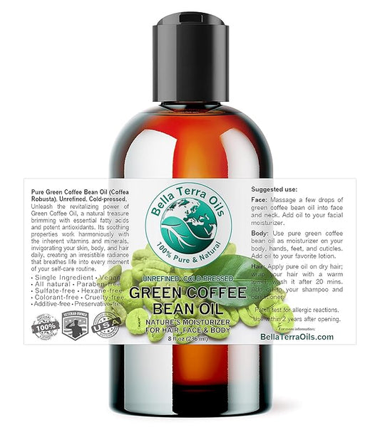 Bella Terra Oils - Green Coffee Bean Oil 8 oz - Famed for Trigonelline & Nutritional Compounds, Elevate Beauty Rituals with this Caffeine Oil Delight