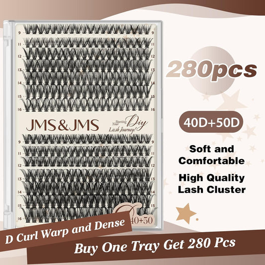 JMS&JMS DIY Lash Extension 280PCS Lash Clusters D Curl Individual Lashes 40D+50D 9-16MIX Cluster Eyelash Extensions at Home