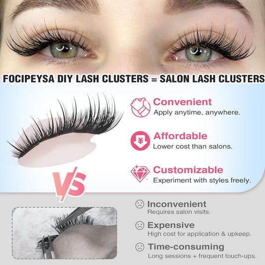 Focipeysa Wispy Lash Clusters Salon Effect Clusters Eyelash Extensions Volume Eyelashes Cluster Natural Lashes Extensions 10-16mm Individual Lashes DIY Clusters Lash Extensions at Home C Curly