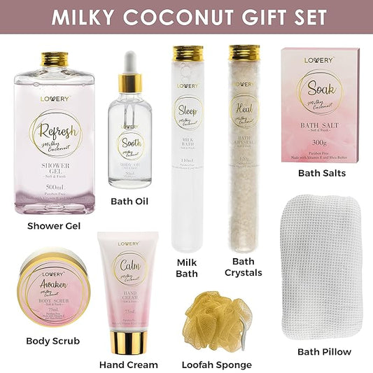 Mothers Day Bath Gift Set - Home Spa Gift Basket with Milky Coconut, Vitamin E & Shea Butter with Shower Gel, Bath Salt & Crystals, Body Scrub, Hand Cream, Body Oil, Bath Pillow, Wooden Crate & More