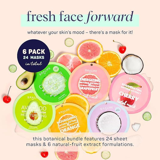 SpaLife Beauty Fruit Facial Sheet Masks 24 Pack – Face Masks Skincare Set – Hydrating Face Masks – 6 Natural Fruit Extract Formulas – Orange, Grapefruit, Coconut, Cherry, Avodcado, Cucumber