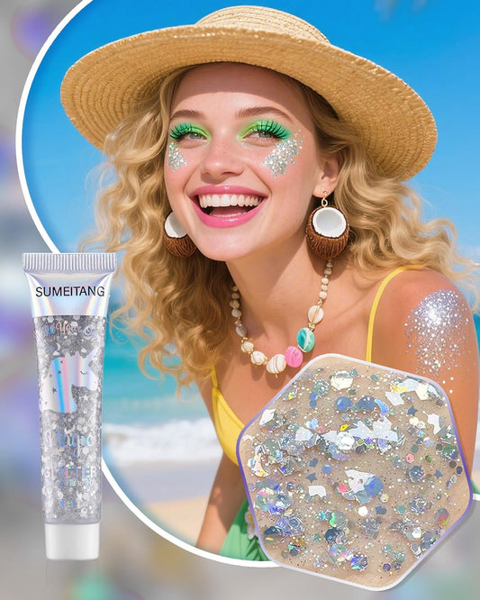 6PCS Silver Face Body Glitter Gel,Holographic Chunky Sequins Body Glitter Paint for Party Singer Concerts Music Festival Rave Accessories for Girls Women Face Body DIY Sparkling Makeup