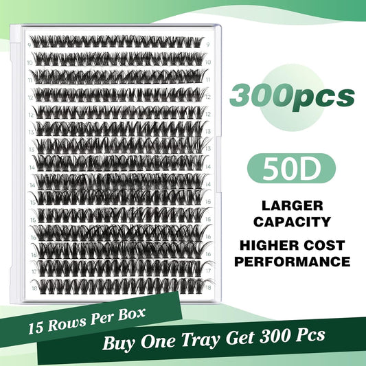 Lash Clusters 300pcs Individual Lashes 50D 0.07D Curl 9-18MIX DIY Eyelash Extension KEYYOU Large Tray Volume Soft&Natural Cluster Lashes(50D-0.07D,9-18MIX)