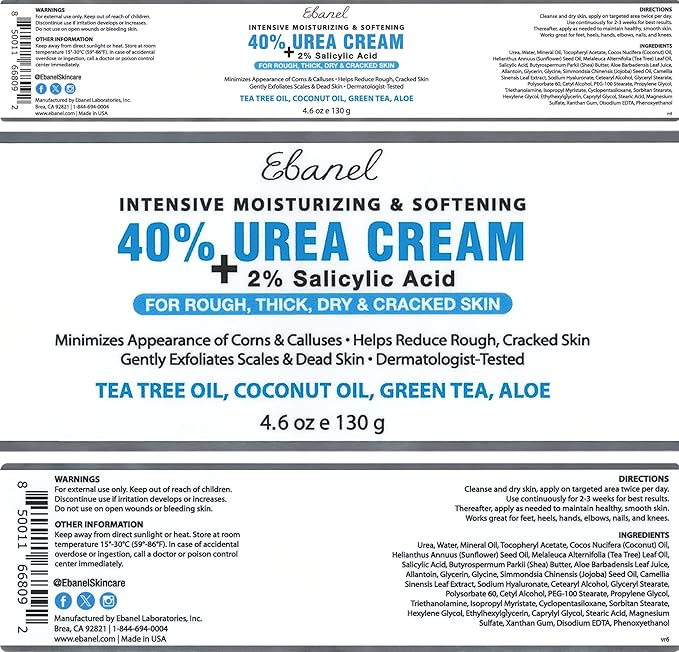 Ebanel Urea Cream 40% plus Salicylic Acid 2%, Foot Cream for Dry Cracked Heels Feet Knees Elbows Hands, Foot Dead Skin Cuticle Callus Remover Toenail Softener, Keratolytic Skin Barrier Repair