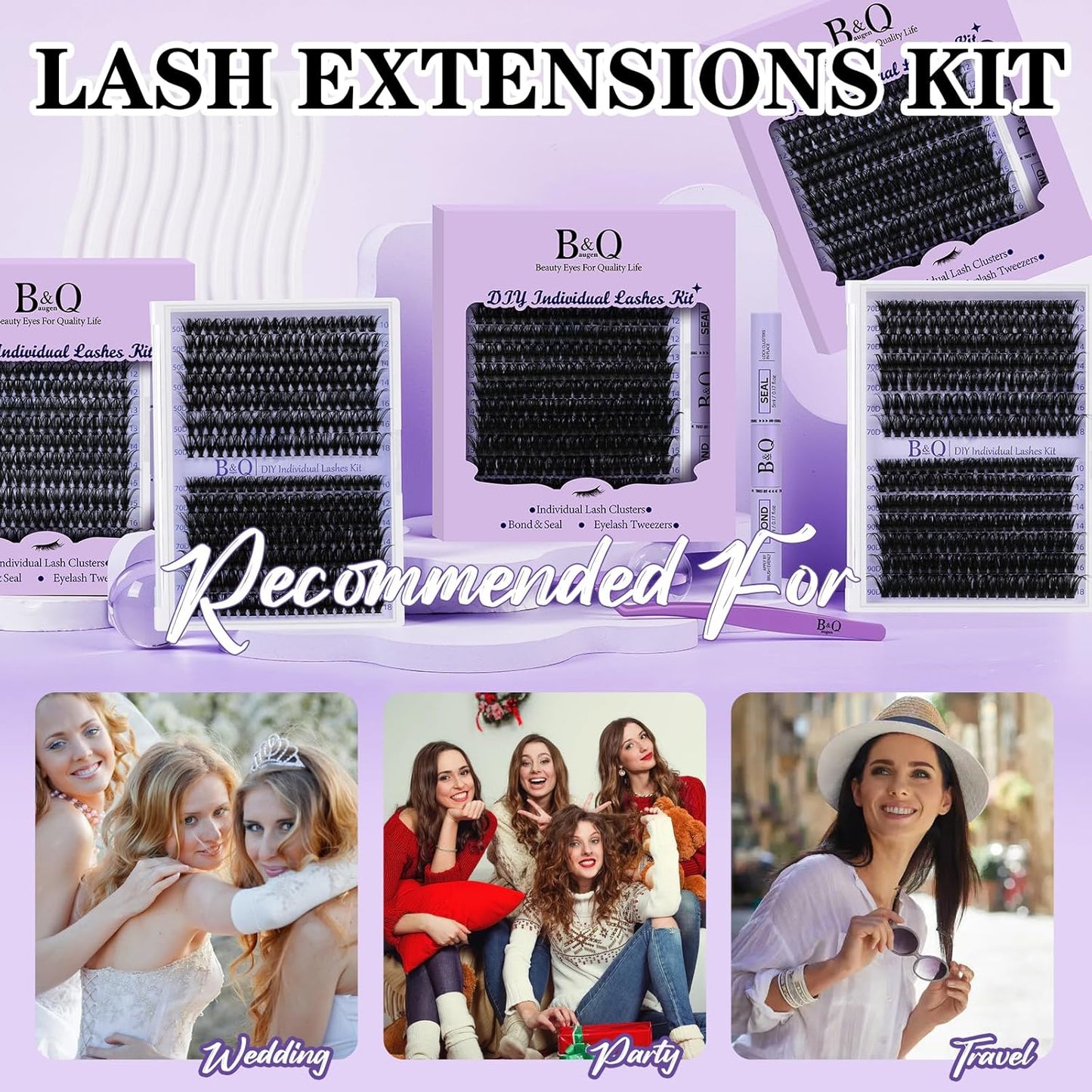 B&Qaugen Lash Extension Kit 280Pcs Volume Individual Lashes Kit Superfine Individual Eyelashes 10-18mm Soft D Curl Eyelash Clusters Kit with Bond and Seal Tweezers for Self Use (Kit-90D-10-18MIX)
