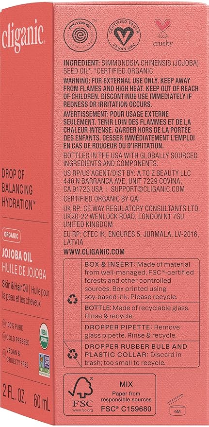 Cliganic Organic Jojoba Oil, 100% Pure (2oz) | Natural Cold Pressed Unrefined Hexane Free Oil for Hair & Face | Base Carrier (Packaging May Vary)