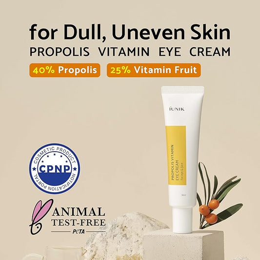 IUNIK Propolis Vitamin C Face & Eye Cream with Vegetable Oil, Idebenone 1.01 Fl Oz Dullness Dark Circles Puffiness Smooths Under Eyes 24 Hour Hydration For Sensitive Oily Acne-prone skin VEGAN
