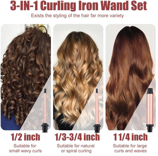 3 in 1 Curling Wand Set - SIQUER Hair Waver Curling Iron for Women with 3 Interchangable Ceramic Beach Waves Wands 1/2 Inch to 1 1/4 Inch Fast Heating Up Hair Curler with Box (Rose, Black)