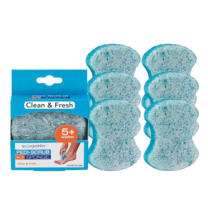 Spongables Pedi Scrub Foot Exfoliating 5+ Wash Travel Sponge, Clean & Fresh, 6 Count