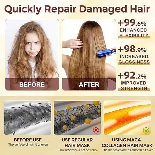 Collagen Hair Mask with Peruvian Ginseng, Avocado Oil, Marigold & Chamomile - Deep Repair Treatment for Dry, Damaged Hair - Restores Shine, Hydration & Strength - Suitable for All Hair Types