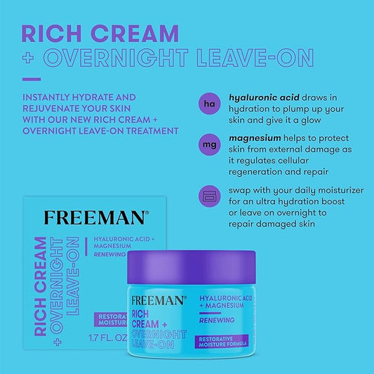 Freeman Restorative Moisturizing & Repairing Rich Cream + Overnight Leave-On Treatment, For Dull & Tired Skin, Infused With Magnesium & Hyaluronic Acid To Hydrate, 1.7 fl.oz./ 50 mL Jar (Pack of 2)
