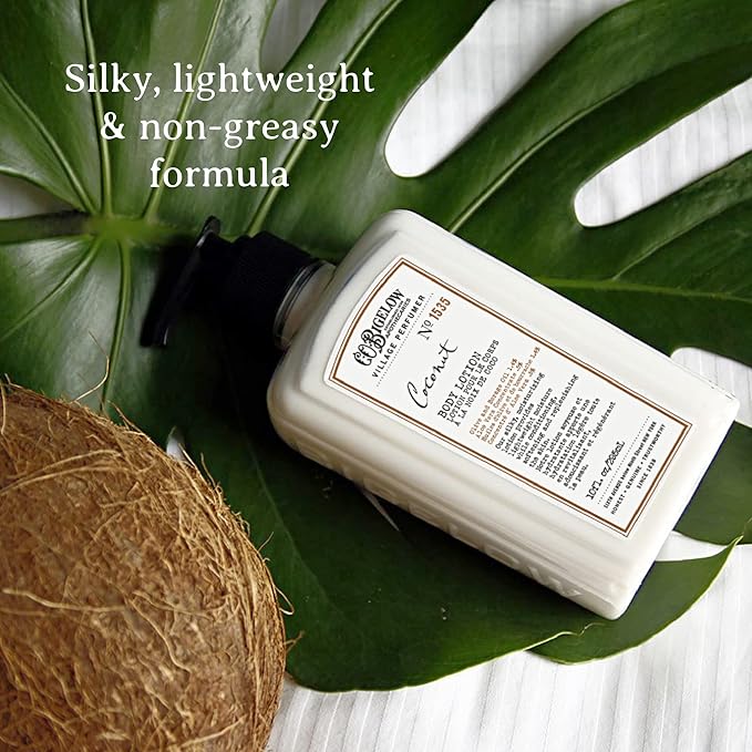 C.O. Bigelow Coconut Moisturizing Body Lotion for Women and Men, Village Perfumer Lotion with Olive Oil, Borage Oil, and Aloe Vera, 10 fl oz