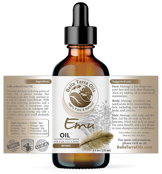 Bella Terra Oils - Emu Oil 4oz - The Ultimate Australian Emu Elixir, Packed with Essential Fatty Acids and Vitamins, Timeless Beauty's Secret Ingredient