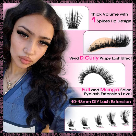 Winifred Fairy Lash Clusters Kit Eyelash Extension Kit Fluffy Lash Clusters 10-18mm D Curly Cluster Eyelash Extensions Volume Wispy Lash Extension Kit Spiky Individual Lashes Kit Lash Bond and Seal
